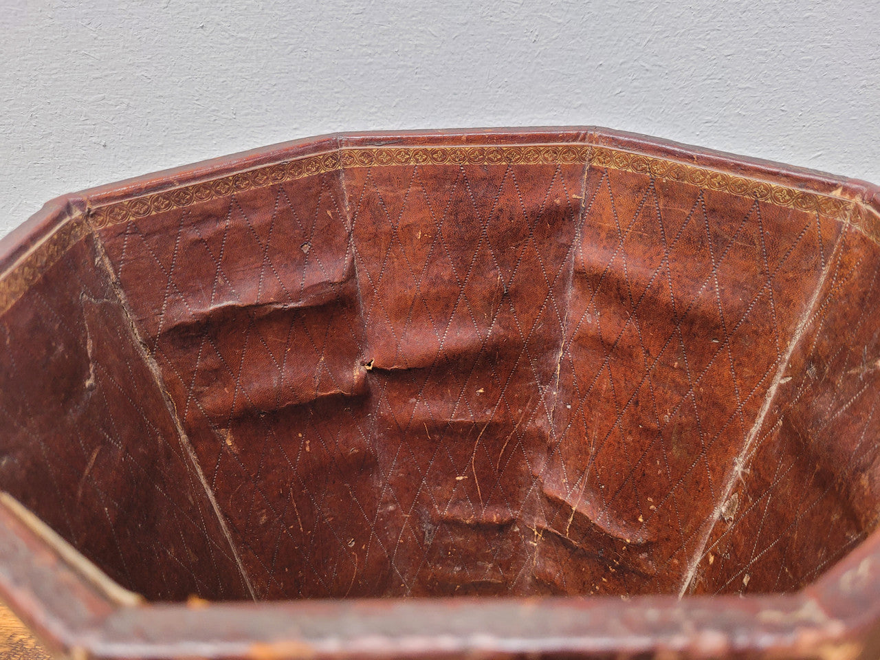Vintage Italian Tooled Leather Waste Bin