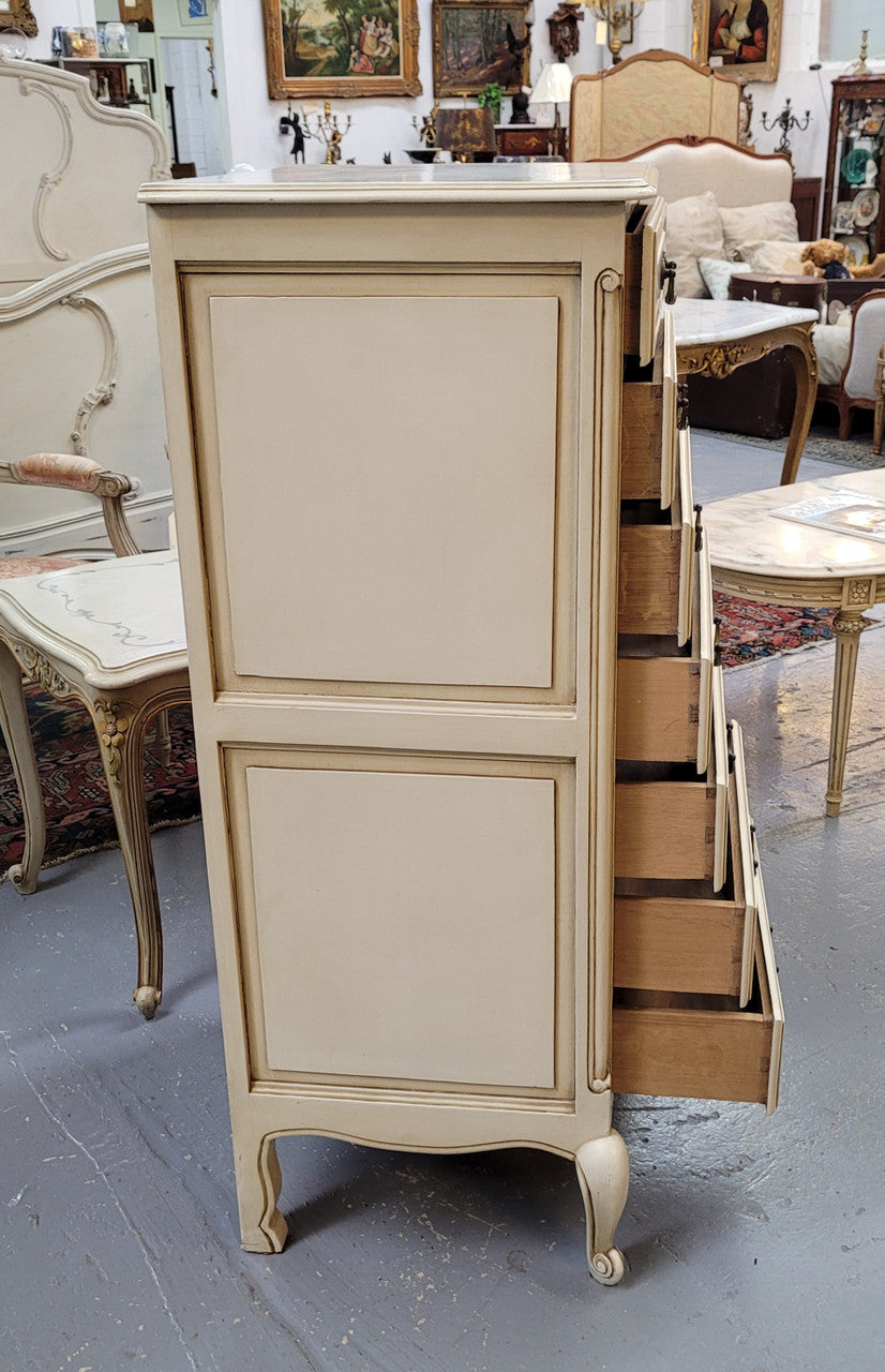 Vintage French Louis 15th Style original painted seven drawer semainier of pleasing narrow proportions with panelled sides. They have been sourced from France and are in good original condition.