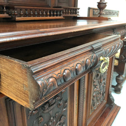 Amazing 19th century French Henry II style gothic, carved and very ornate sideboard. There is plenty of room for storage and top section comes off if desired. Please see photos.
