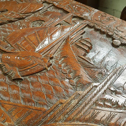 Carved Boat Scene Camphor Wooden Trunk