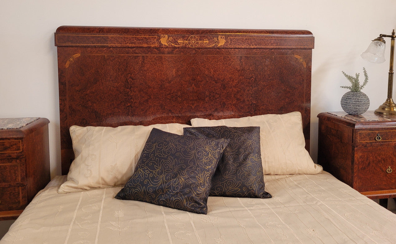 French Art Deco bedroom suite consisting of queen size bed in Amboyna wood and featuring pretty inlay. It comes with a matching pair of bedsides. It is a very stylish and high quality suite. It has been sourced from France and is in good original detailed condition.