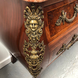 Grande French Louis XIV th  style Amboyna and walnut two drawer marble top commode, with amazing detailed ormolu mounts, and sienna colour marble top. In good original detailed condition.