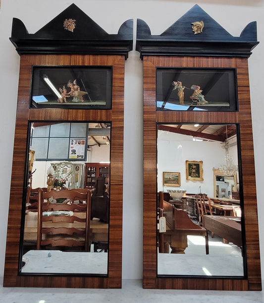 Pair of Italian Empire style trumeau mirrors with original hand-painted watercolor cupid scenes. In good original condition.