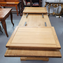 Stunning French Oak Farmhouse table with two extension leaves. When fully extended the table measures to a massive 339.5 cm long. Sourced from France and in good original detailed condition.