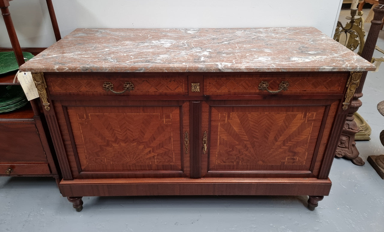 Louis 16th Style Mahogany Marble Top Cupboard With Marquetry Inlay | Antique & Vintage | Moonee Ponds Antiques | Australia Wide Delivery