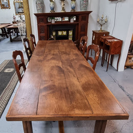 Fabulous French Cherrywood farmhouse dining table with a stretcher base and would easily sit 10 people comfortably in fantastic condition.