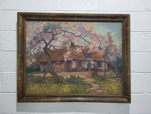 Stunning French oil on canvas signed by Prosper Bosteels (1881-1964). Depicting painting of a house with a flowering cherry tree and in a gilt frame. In good original detailed condition. Sourced from France.