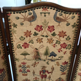 Vintage French Oak 3 fold tapestry covered privacy screen. Tapestry is in good condition with very minor wear and tear.