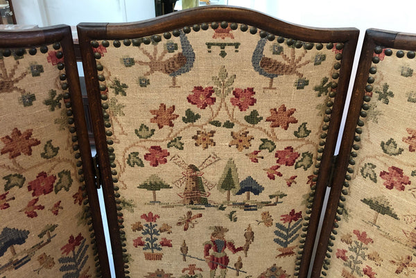 Vintage French Oak 3 fold tapestry covered privacy screen. Tapestry is in good condition with very minor wear and tear.