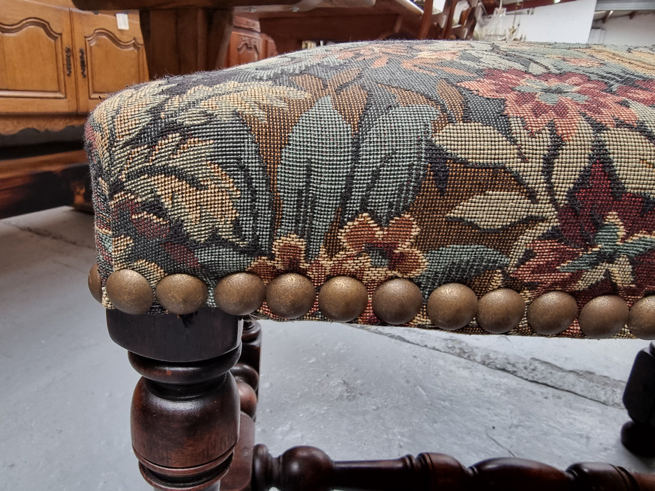 Flemish Baroque Style Walnut Footstool with Tapestry Fabric Top | Antique & Vintage | Moonee Ponds Antiques | Australia Wide Delivery