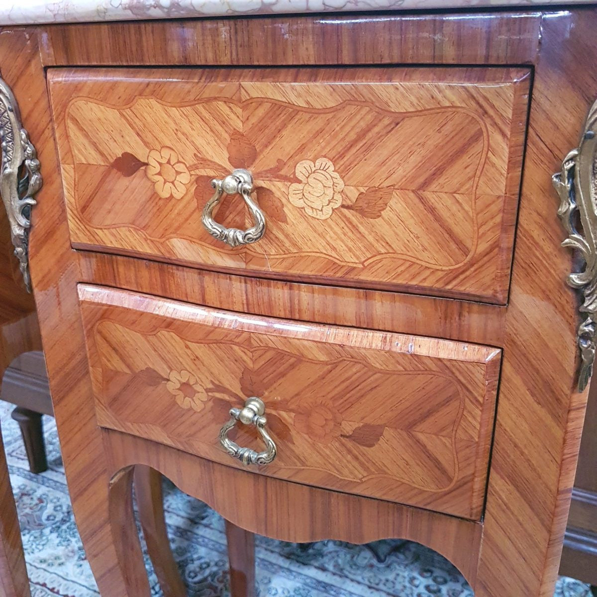 Kingwood Floral Marquetry Inlay Bedsides | Antique & Vintage | Moonee Ponds Antiques | Australia Wide Delivery