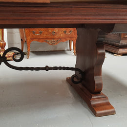 A beautiful French oak, Spanish style parquetry top extension table, with amazing carving and lovely details in very good condition.