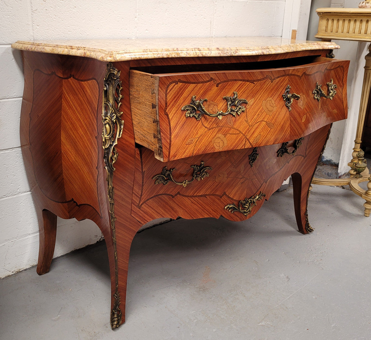 ** ON HOLD** Louis XV Style Two Drawer Marquetry Inlaid Kingwood Marble Top Commode | Antique & Vintage | Moonee Ponds Antiques | Australia Wide Delivery
