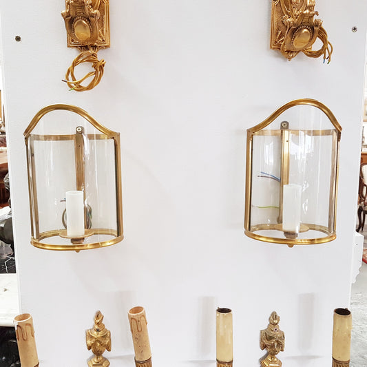 A Pair French Gilt Louis XVI Style Wall Lanterns With Moulded Glass Surround