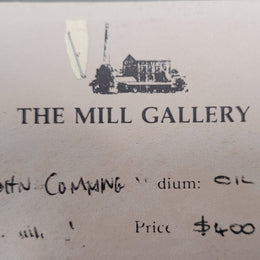 A beautiful Framed oil on canvas in vibrant colours and framed in a lovely gold frame. This piece is signed by artist John Cumming from "The Mill Gallery" and still has its original gallery card as shown in picture. It is in good original condition.