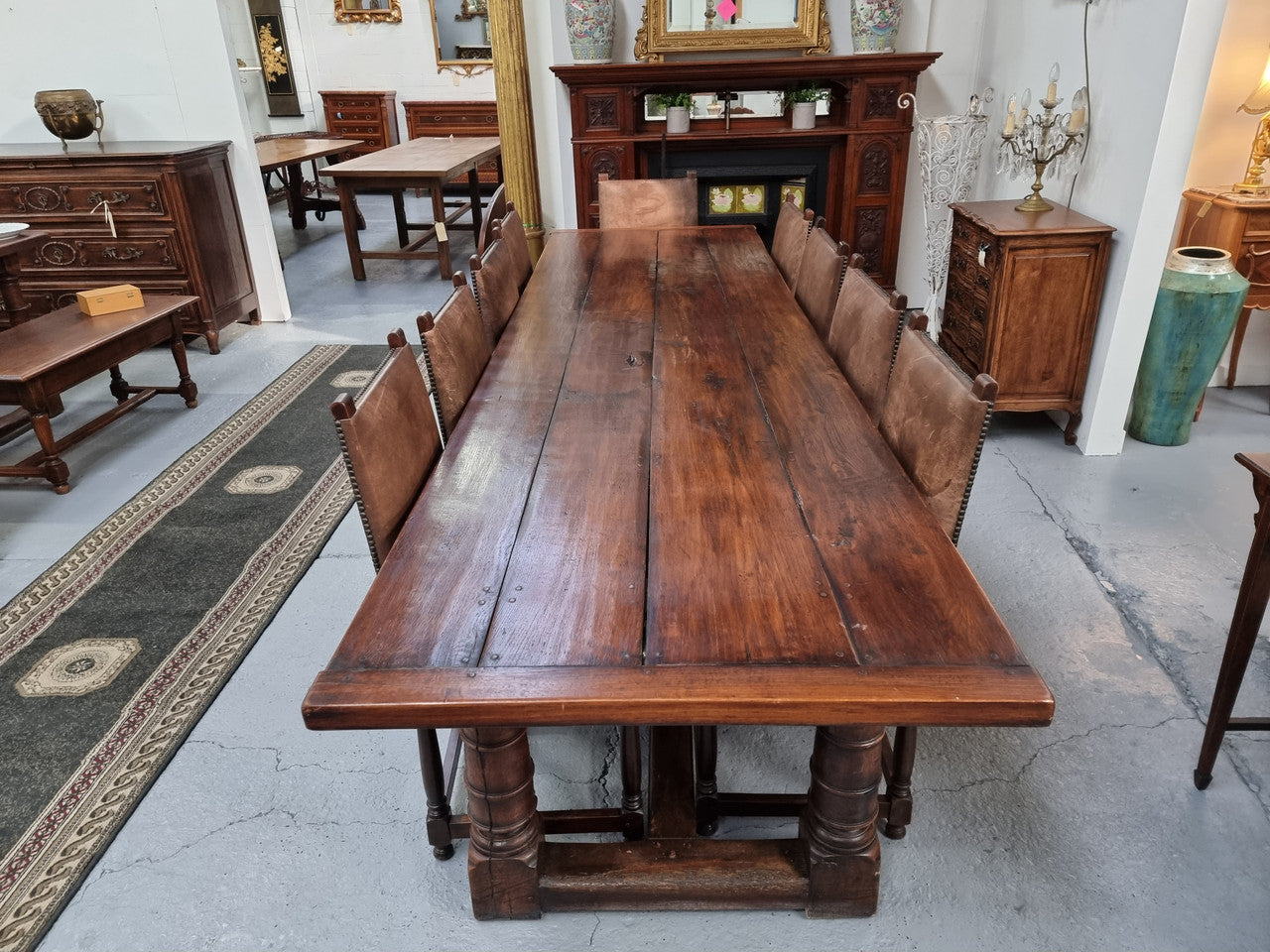 Amazing 3 Meter Dark Oak Farmhouse Dining Table With Set of 10 Leather Chairs | Antique & Vintage | Moonee Ponds Antiques | Australia Wide Delivery