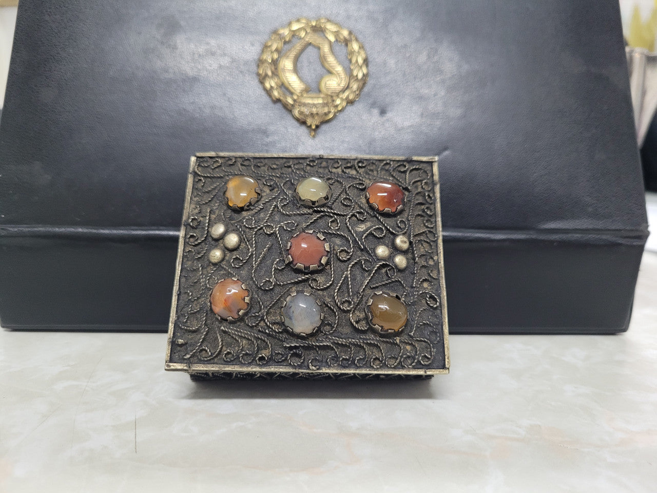 Antique Asian Silver & Agate Trinket Box