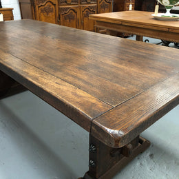 French Oak stretcher base Farmhouse dining table. In good original detailed condition.