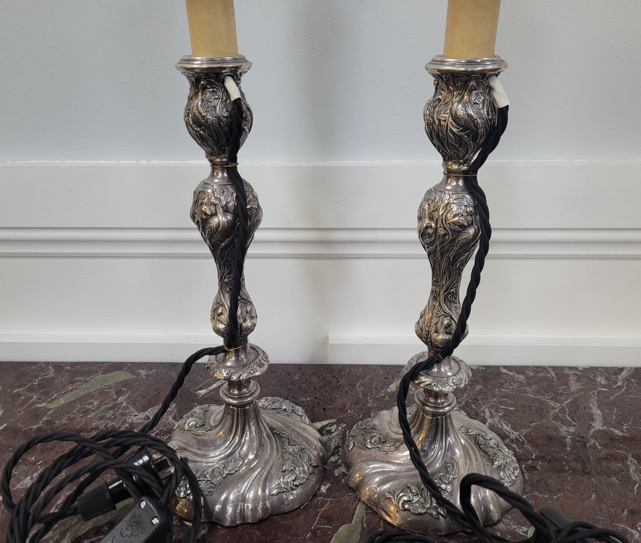 Pair of Antique French Silver Candlestick Table Lamps | Antique & Vintage | Moonee Ponds Antiques | Australia Wide Delivery