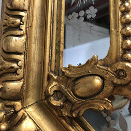 Early 19th Century gilt cushion mirror with acid etched floral pattern. In good condition. Please note original mirror does show some spotting commensurate with its age. Circa
