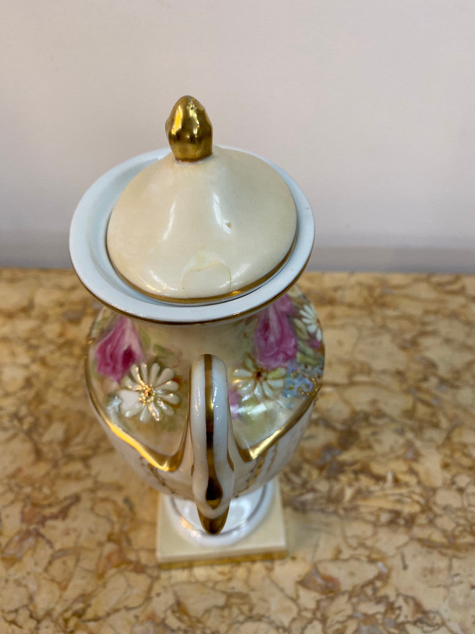 Signed Hand Painted Portugal China Lidded Urn Vase