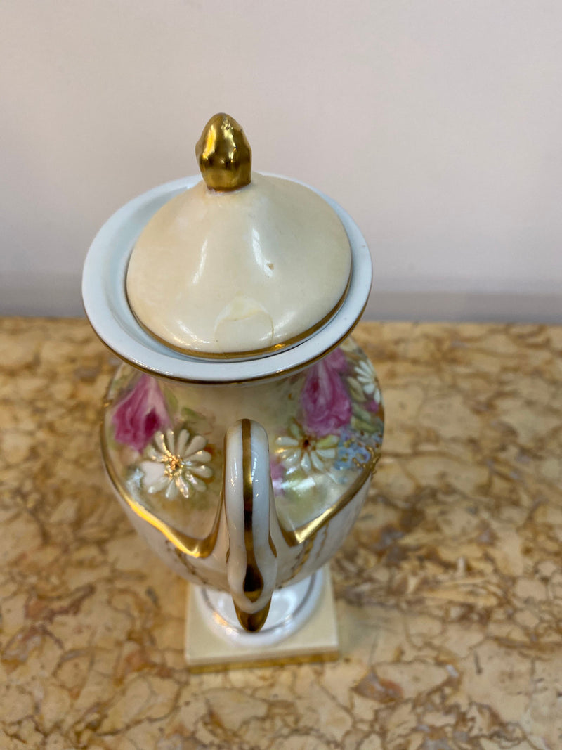 SIgned hand painted Portugal china lidded urn vase with swan handles.