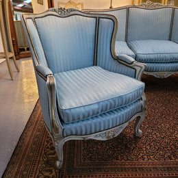 Well Proportioned Louis XV Salon Suite consisting of well proportioned 3 seater down cushioned, winged settee with 2 matching bergere chairs. All upholstered in stunning blue self stripe fabric. In excellent condition. Circa: 1930's.