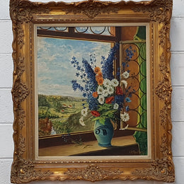 French Gilt Frame Oil On Canvas Of Flowers & Country Scene