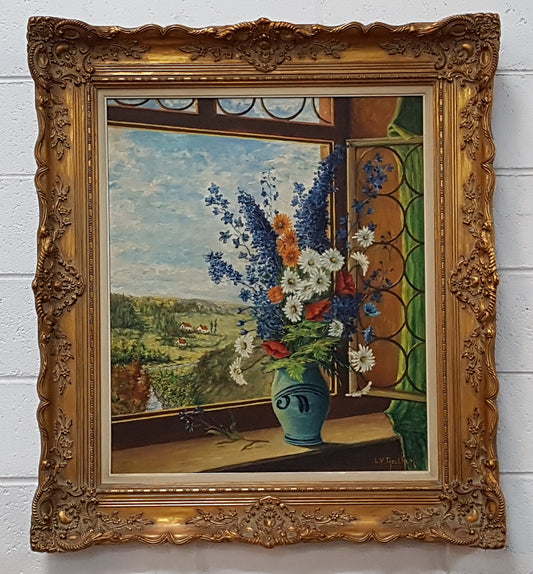 French Gilt Frame Oil On Canvas Of Flowers & Country Scene