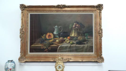 Beautiful large signed M. Govers English oil on canvas of fruit in a lovely ornate gilt frame in very good condition.