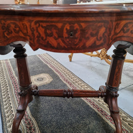 Fabulous marquetry inlaid side table with marquetry extensions and one drawer. Stunning side table or small ladies desk.