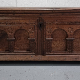 Fabulous carved French oak Antique Coffer / Chest with a lift up lid and loads of beautiful character in good original detailed condition.