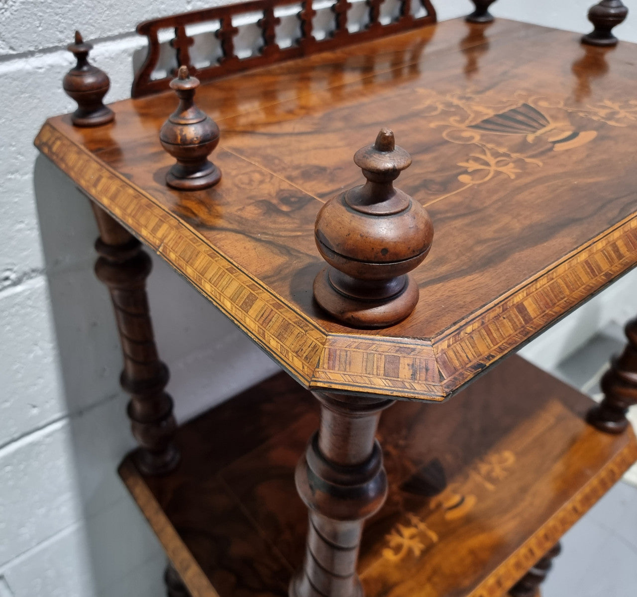 Victorian beautifully inlaid Walnut three shelf What-not. In good original detailed condition.