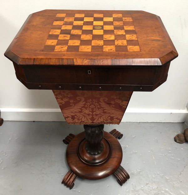 Early Victorian work/sewing/chess table. In amazing original detailed condition and it has been sourced locally. Circa: 1840.