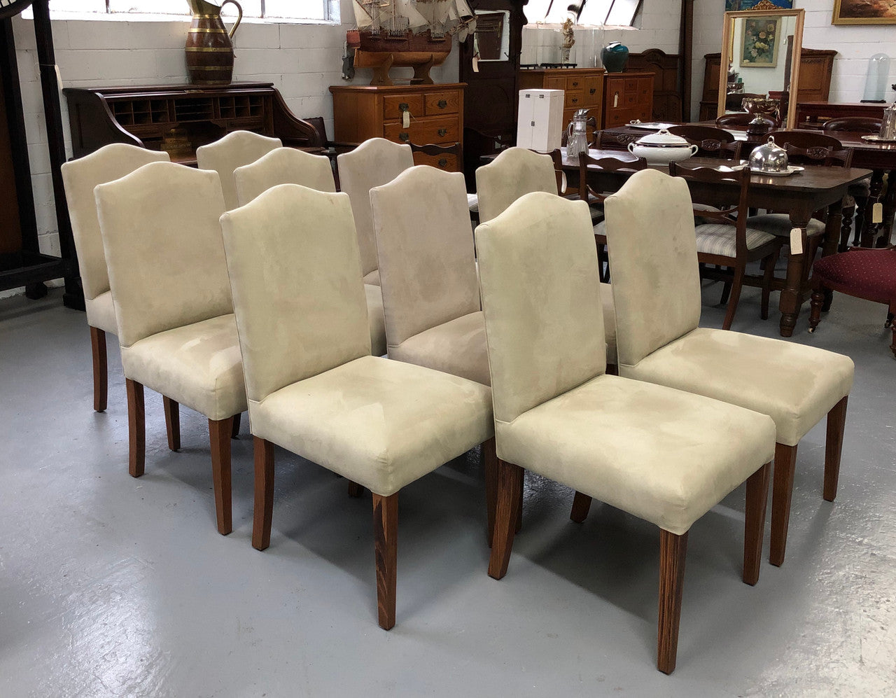 Custom Made Ivory Suede Covered Hardwood Set Of 10 Dining Chairs | Antique & Vintage | Moonee Ponds Antiques | Australia Wide Delivery