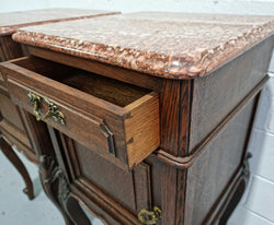Louis XV Style Dark Oak Marble Top Bedside Cabinets | Antique & Vintage | Moonee Ponds Antiques | Australia Wide Delivery