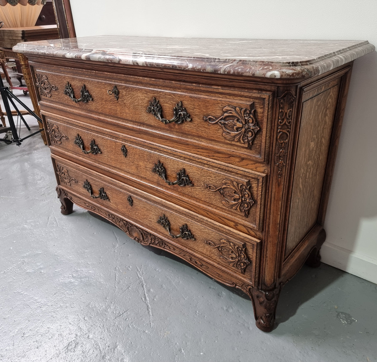 French Louis XV Style Three Drawer Oak Marble Top Commode | Antique & Vintage | Moonee Ponds Antiques | Australia Wide Delivery
