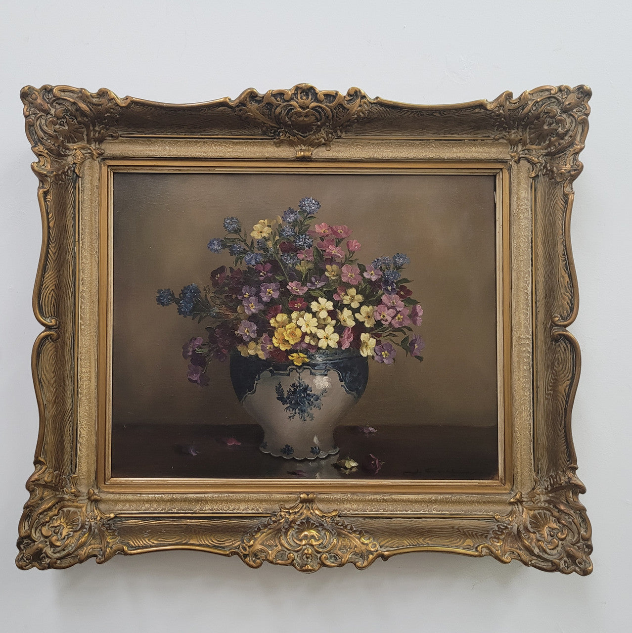 Attractive Signed Oil on Canvas Depicting Flowers in a Blue and White Jardinière | Antique & Vintage | Moonee Ponds Antiques | Australia Wide Delivery