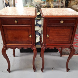 Pair French Louis 15th Style Mahogany Inset Marble Top Bedsides