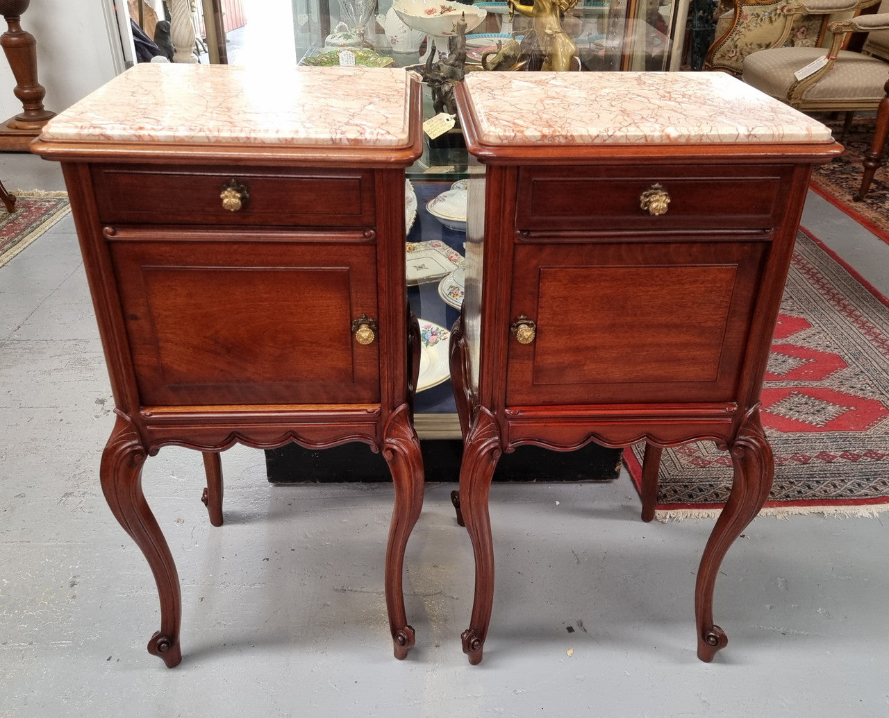 Pair French Louis 15th Style Mahogany Inset Marble Top Bedsides