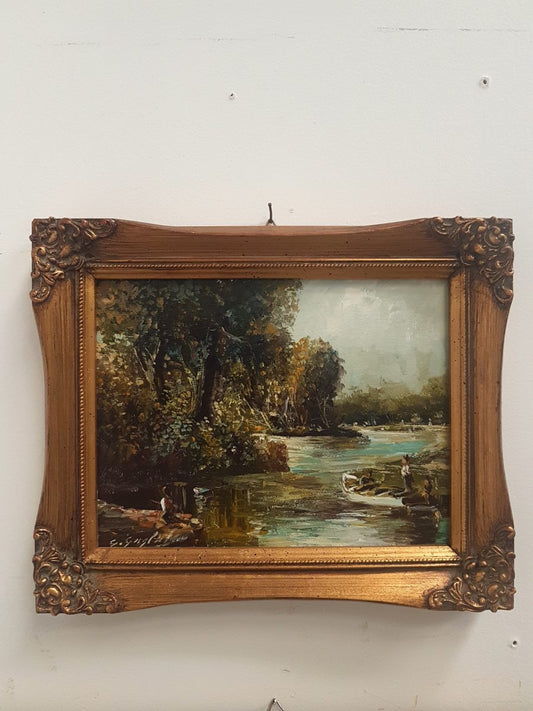 A Decorative Oil On Board Italian Fishing River Scene Signed By Guglielmo-1