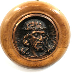 Italian Copper Plaque Of Jesus Set In Fruitwood Frame