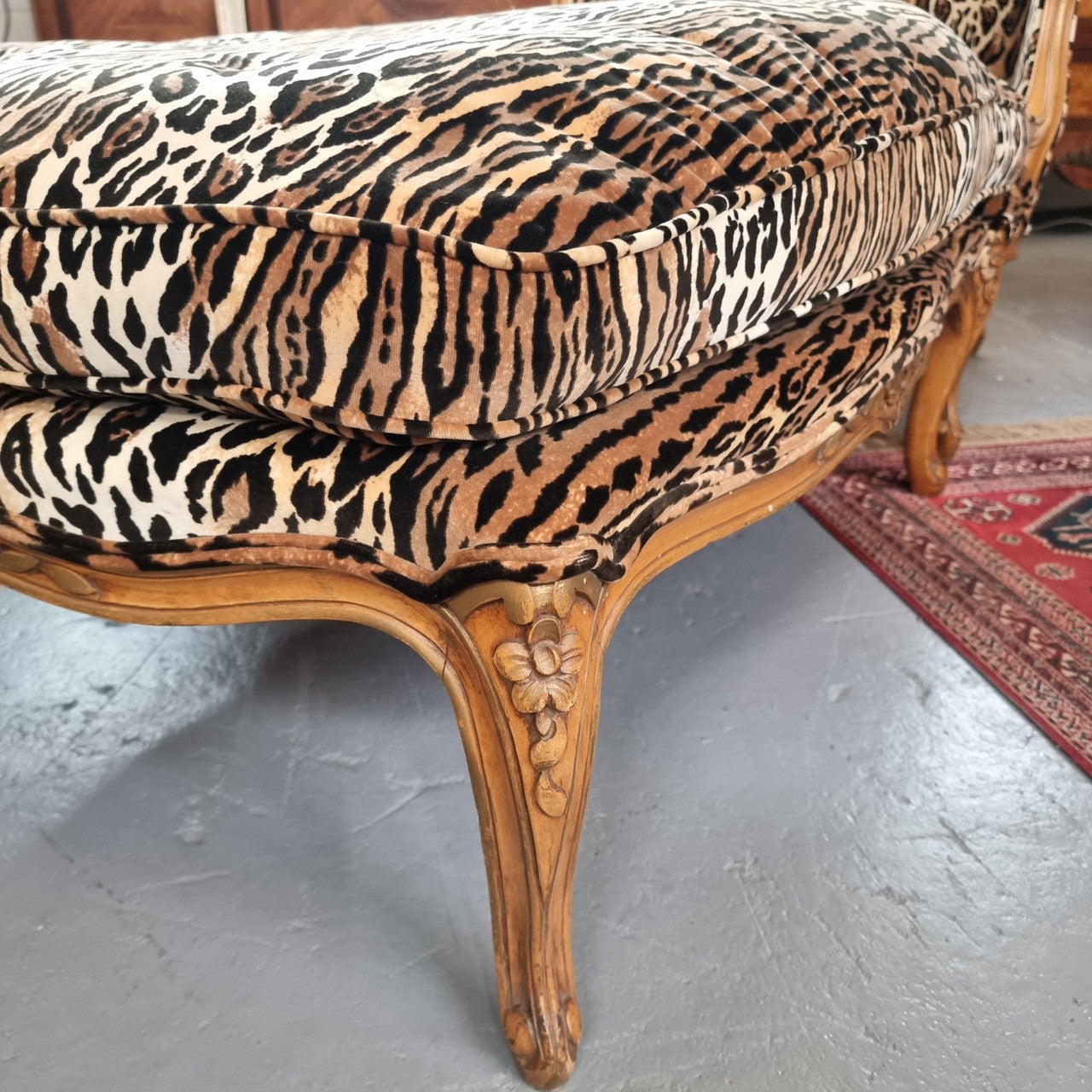 A French Louis XV style Armchair With Leopard Print Upholstery With Matched Footstool | Antique & Vintage | Moonee Ponds Antiques | Australia Wide Delivery