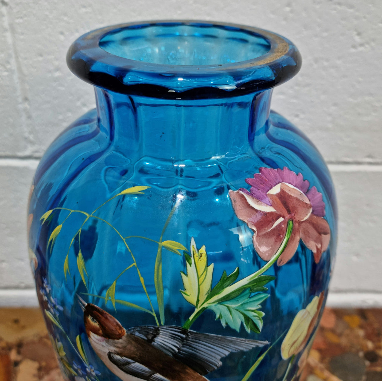Decorative Victorian Enameled Hand Painted Blue Glass Vase "Bird and Flower Scene" | Antique & Vintage | Moonee Ponds Antiques | Australia Wide Delivery