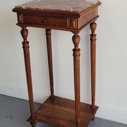 Louis XVI style Walnut lamp/side table with drawer and marble top. In good original detailed condition.