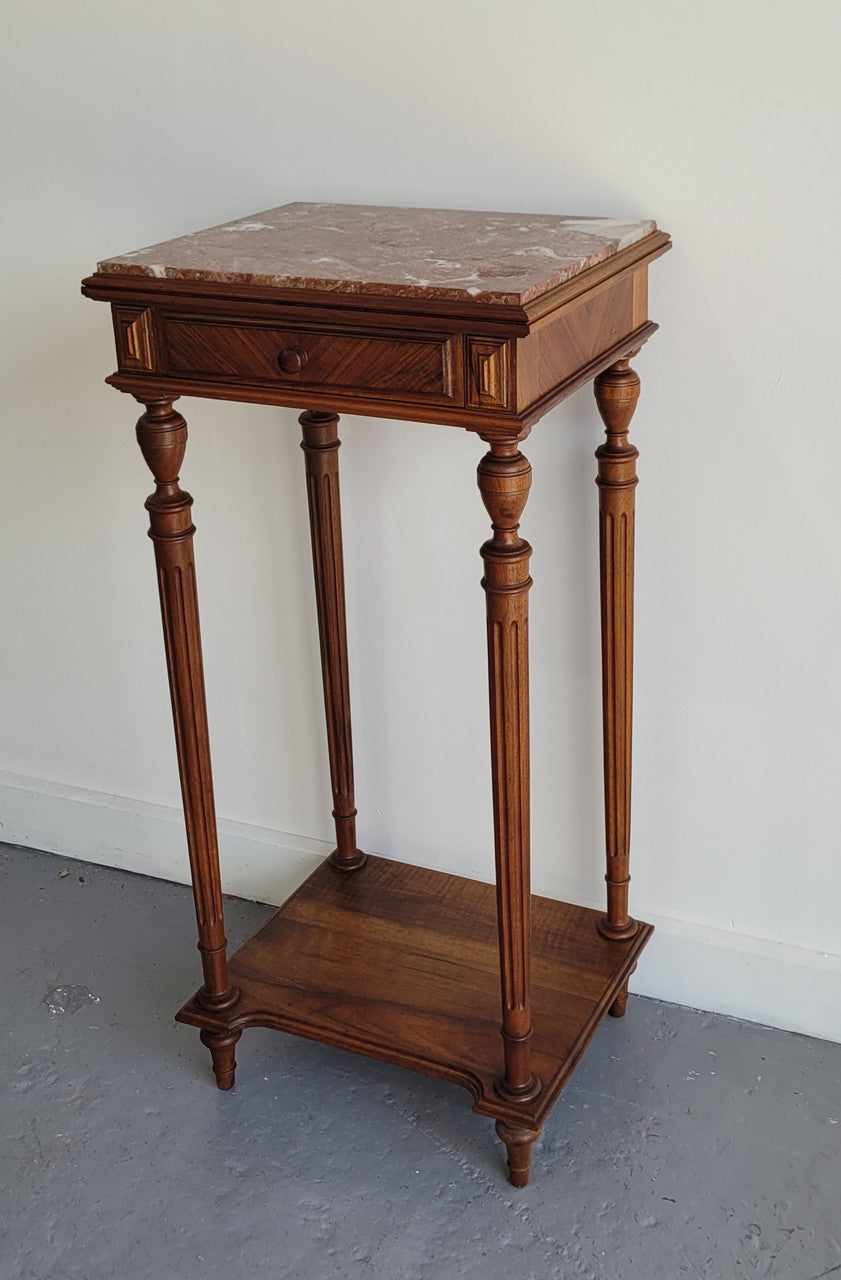 Louis XVI style Walnut lamp/side table with drawer and marble top. In good original detailed condition.