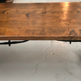 Vintage French Fruitwood & iron stretcher base coffee table. In good original detailed condition.