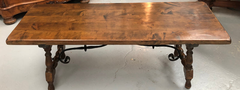 Vintage French Fruitwood & iron stretcher base coffee table. In good original detailed condition.