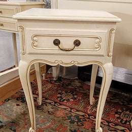 Pair French Vintage Louis XV style soft Ivory single drawer bedside tables. They have been sourced from France and are in good original condition.