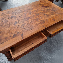 Beautiful Vintage Fruitwood, parquetry top coffee table with two drawers and storage underneath. It is in good original detailed condition.